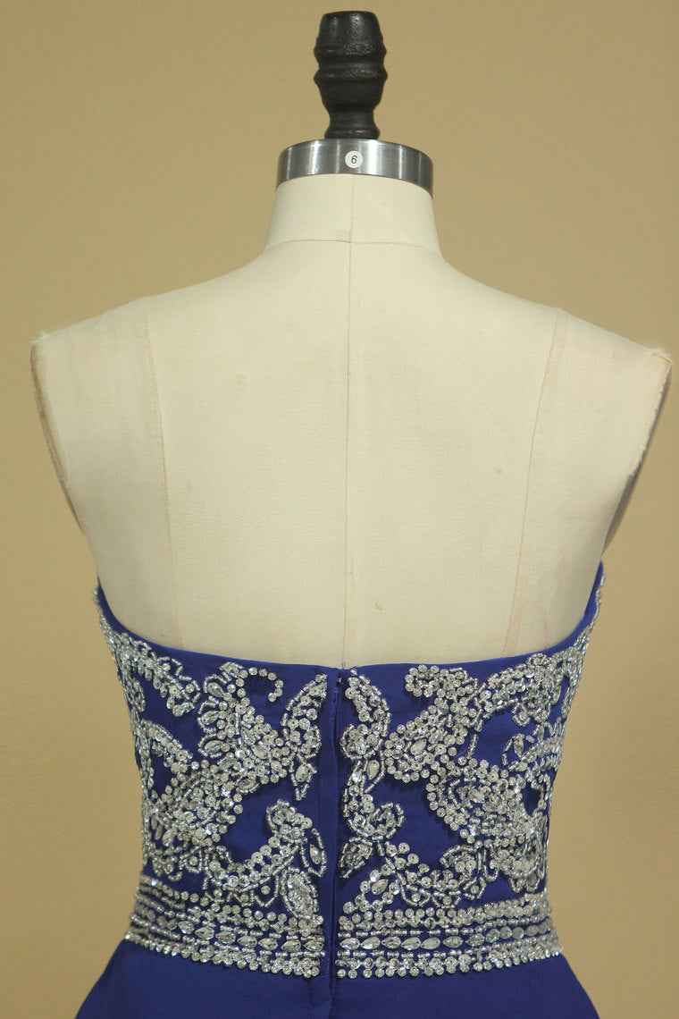 2022 A Line Sweetheart Beaded Bodice Prom Dresses Dark Royal Blue Chiffon Floor Length