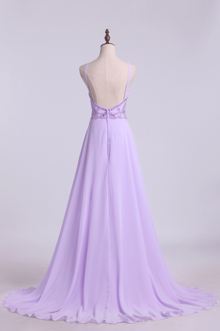 2022 Spaghetti Straps Beaded Bodice A-Line Chiffon Prom Dresses New