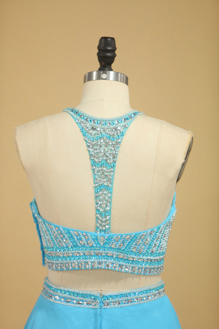 2022 Two-Piece Scoop Prom Dresses A Line Open Back Chiffon & Tulle With Beading