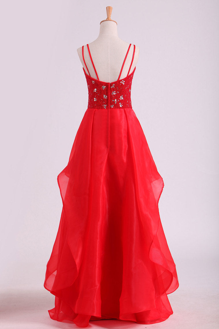 2022 Spaghetti Straps Prom Dresses A Line Beaded Bodice Floor Length Organza