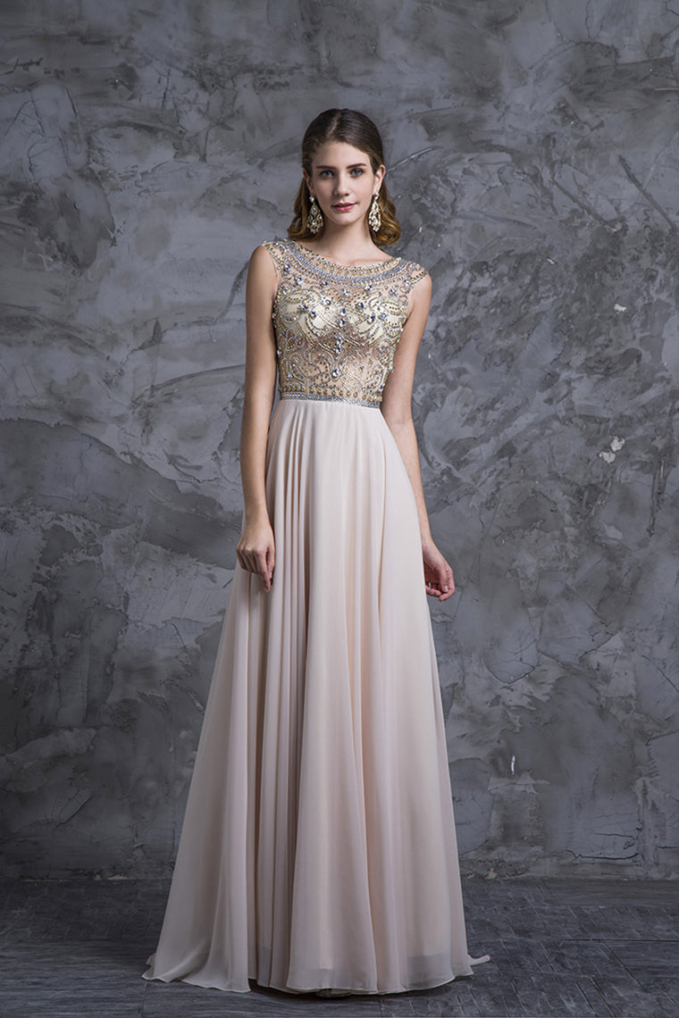 2022 Prom Dress Scoop A Line Floor Length Beaded Tulle Bodice With Chiffon Skirt