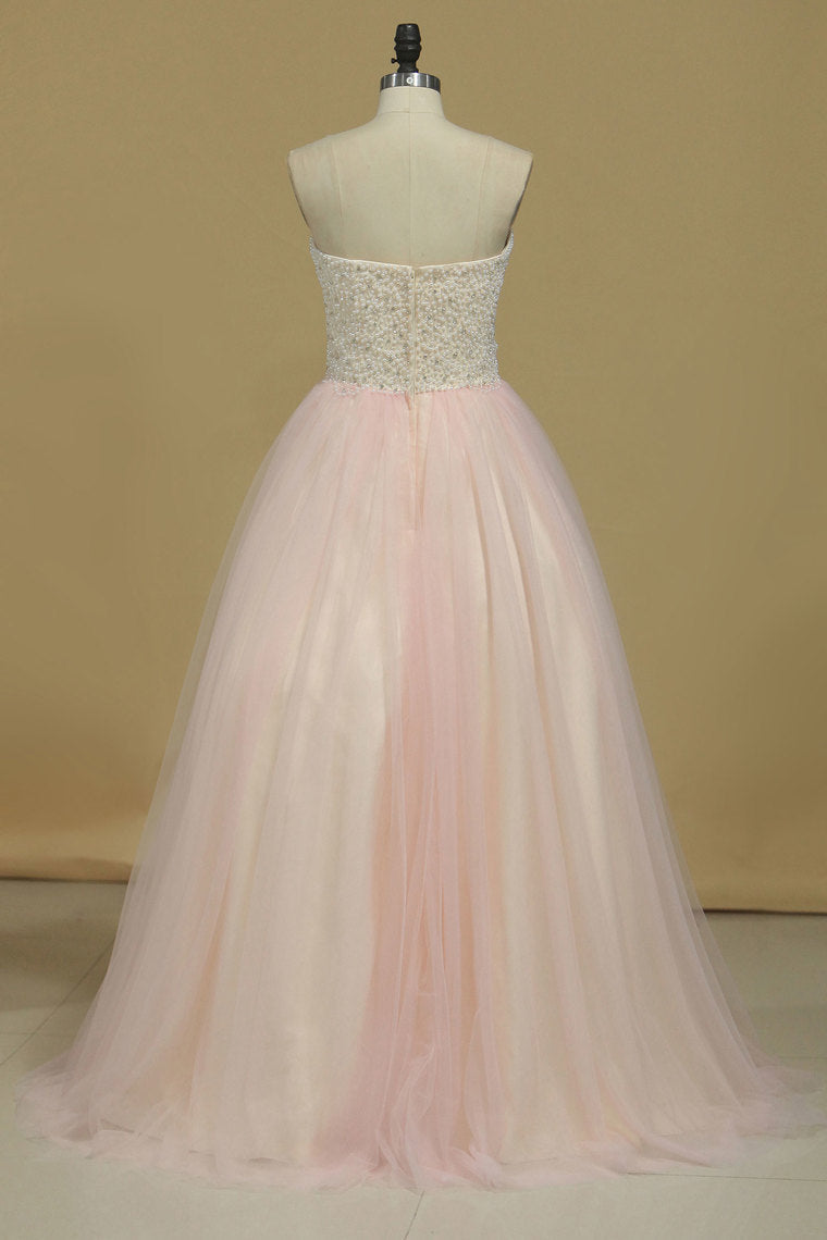 2022 Prom Dresses Sweetheart Beaded Bodice A Line Tulle Sweep Train