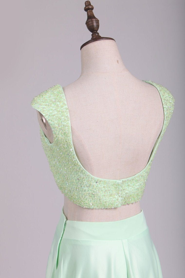 2022 Two Pieces Cap Sleeves A Line Prom Dresses Scoop Beaded Bodice Stretch Satin