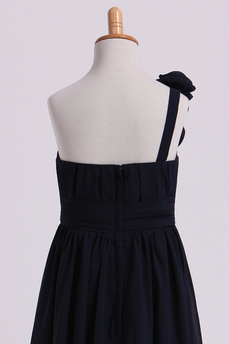 2022 Junior Bridesmaid Dresses One Shoulder A-Line Chiffon With Handmade Flower Floor Length