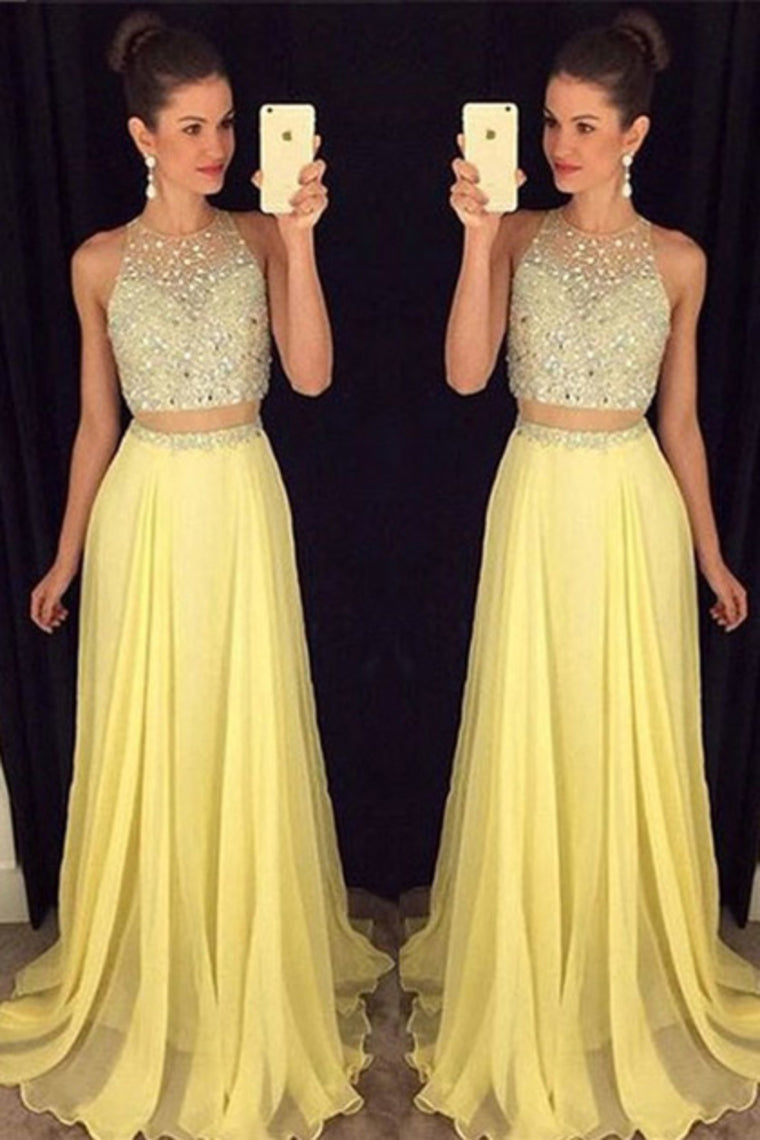 2022 Prom Dresses Scoop Beaded Bodice Chiffon Sweep Train