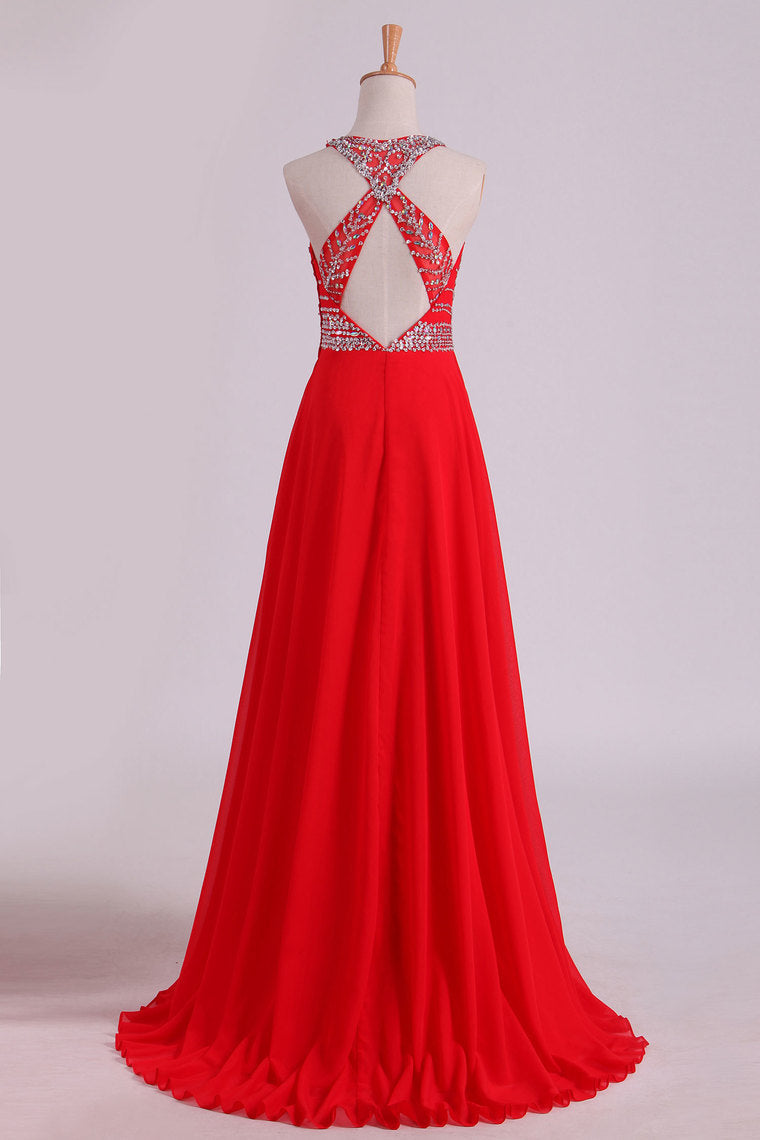 2022 Halter A-Line/Princess Prom Dresses Tulle & Chiffon Sweep Train