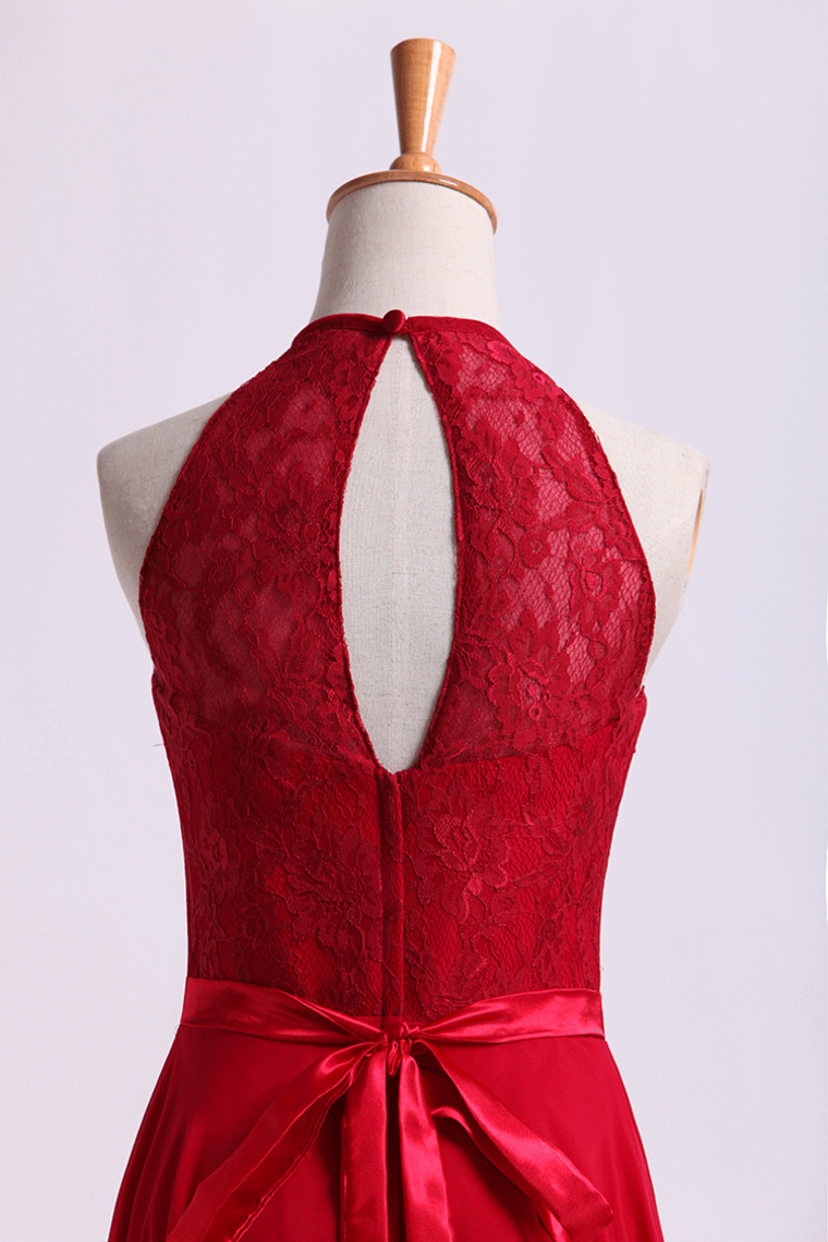 2022 Scoop Neckline Princess Chiffon&Lace Dress Burgundy/Maroon With Sash Knee Length