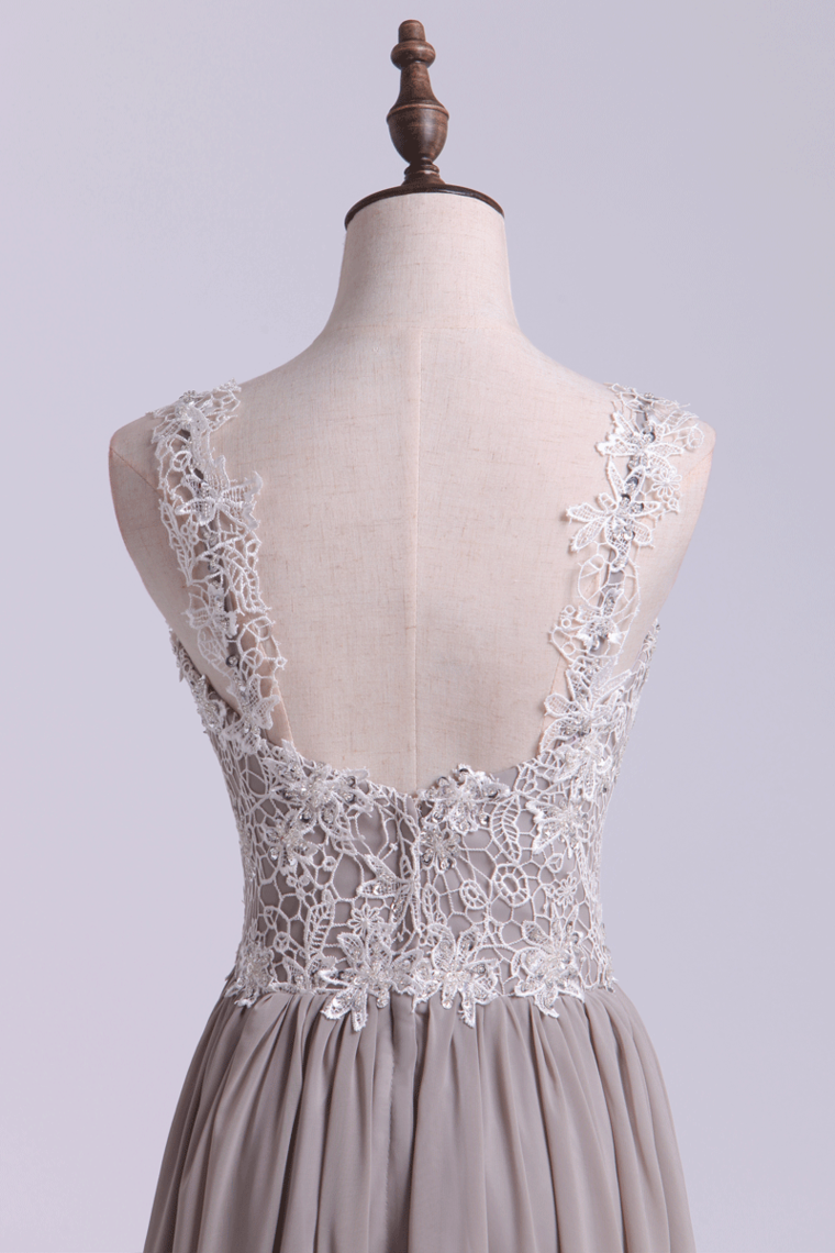 2022 Low Back Straps A Line Prom Dress With Lace Bodice Chiffon