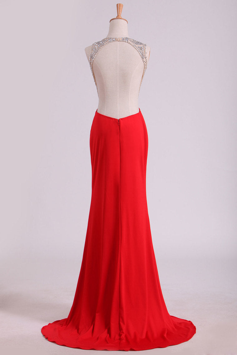 2022 Scoop Beaded Bodice Prom Dresses With Beading Backless Spandex
