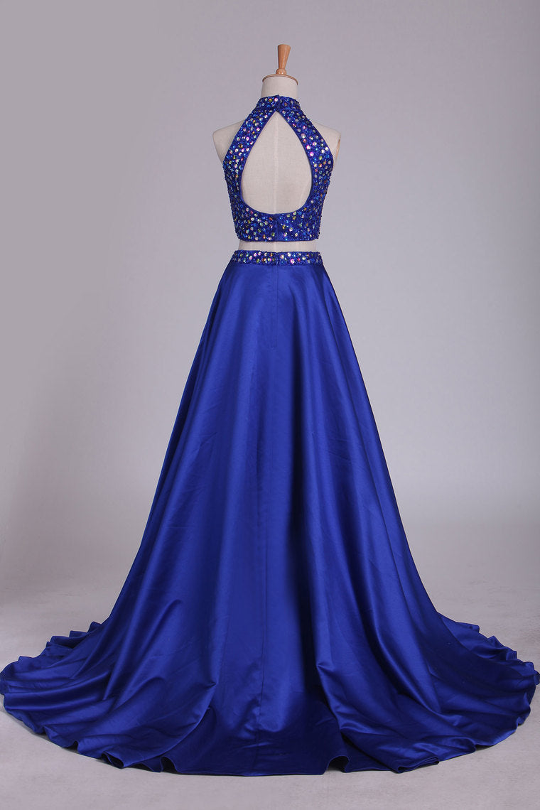2022 Two Pieces High Neck Prom Dresses A Line Beaded Bodice Satin Dark Royal Blue