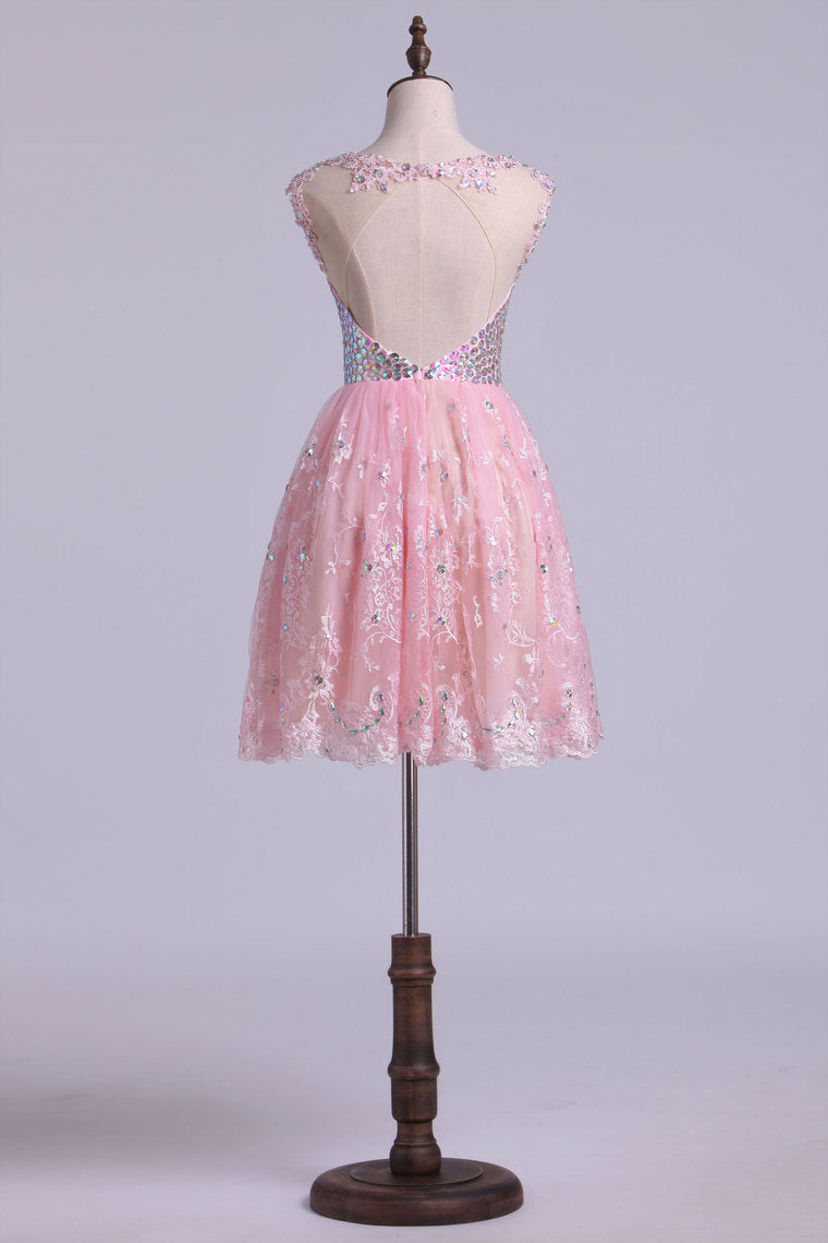 2022 Scoop Neckline Open Back A Line Tulle And Lace Homecoming Dresses