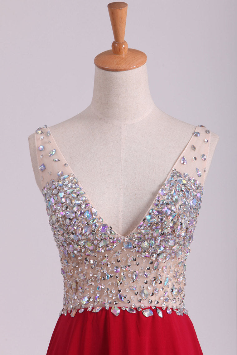 2022 A Line V Neck Prom Dresses Chiffon With Beads And Slit Sweep Train