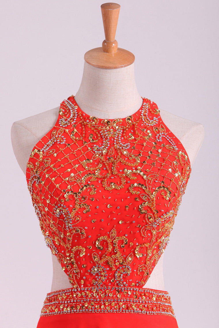 2022 Prom Dresses Scoop A Line Orange Red Chiffon With Beading Sweep Train