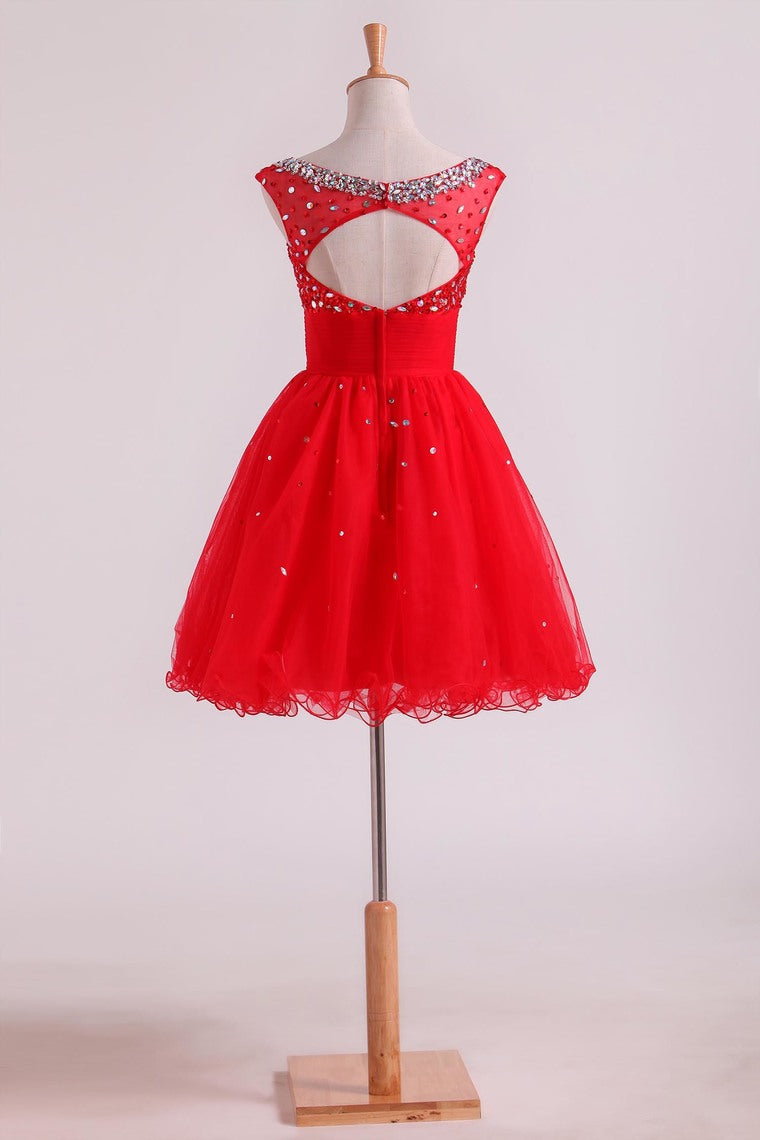 2022 Bateau A Line Short/Mini Homecoming Dresses With Beads & Ruffles Open Back