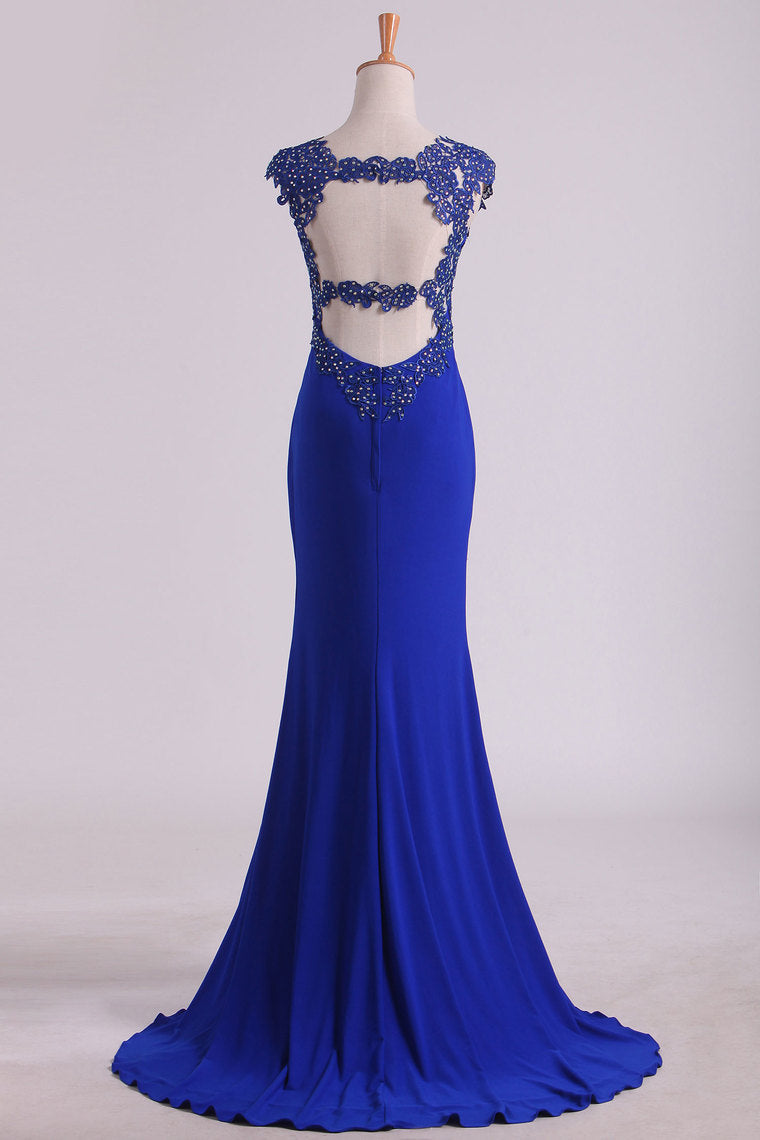 2022 Prom Dresses Sheath Straps Spandex With Applique Open Back