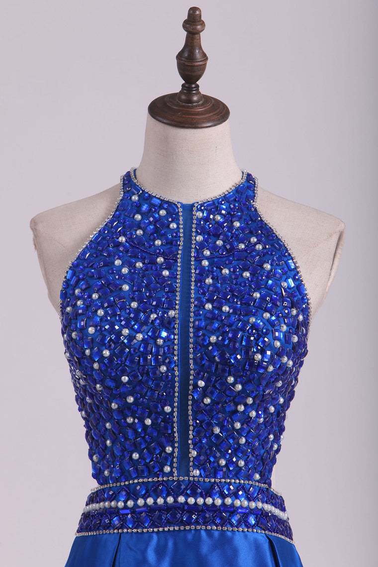 2022 Floor Length A Line Scoop Open Back Prom Dresses Satin Beaded Bodice