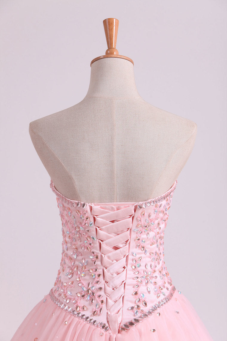 2022 Sweetheart Ball Gown Quinceanera Dresses Tulle With Beads And Rhinestones