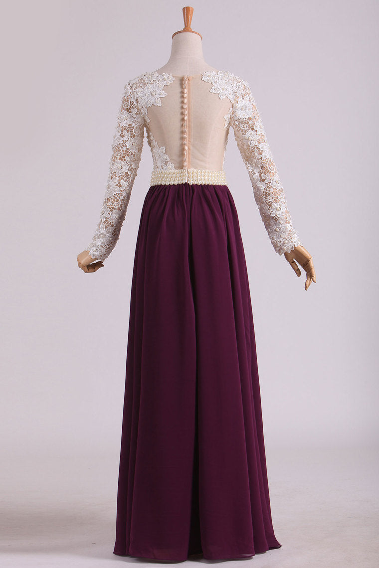 2022 V Neck Sweep Train A Line Prom Dresses Chiffon With Applique