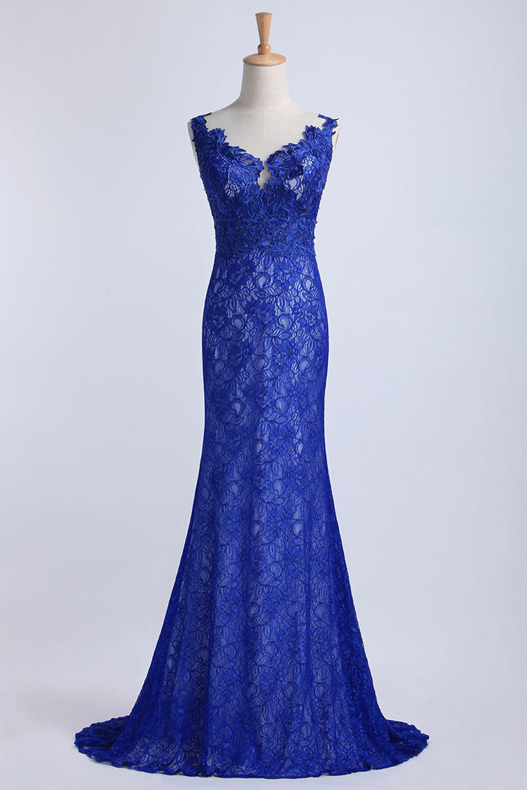 2022 Evening Dresses Bateau Mermaid With Deep V Shape Back Lace&Tulle Dark Royal Blue