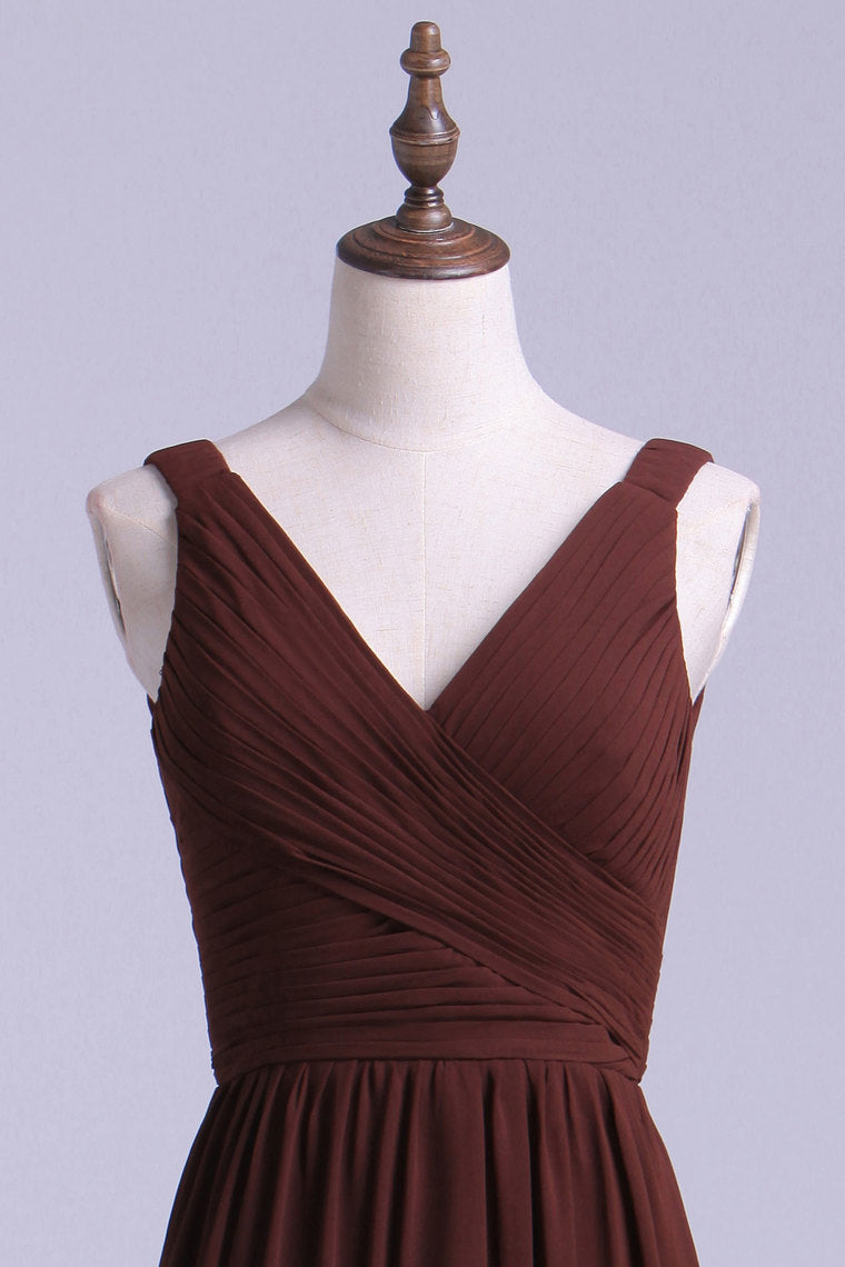 2022 V-Neck Bridesmaid Dresses A-Line Chiffon With Ruffles