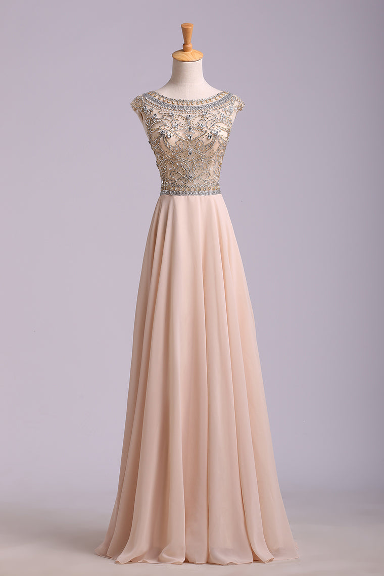 2022 Prom Dress Scoop A Line Floor Length Beaded Tulle Bodice With Chiffon Skirt