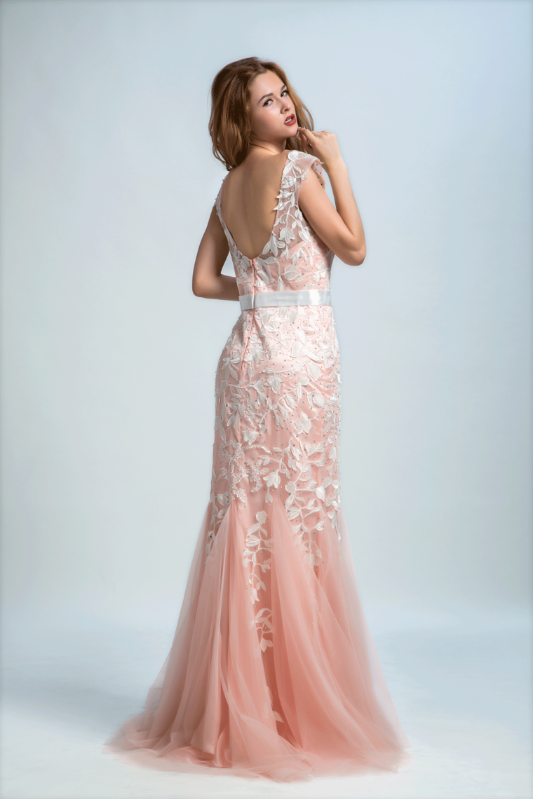 2022 Bicolor Prom Dresses Bateau Mermaid Low Back Sweep/Brush Train Tulle With Ivory Applique