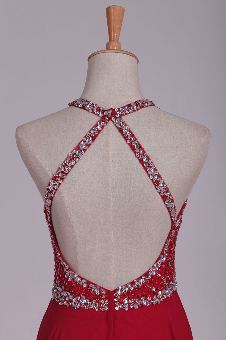 2022 Halter A Line Prom Dresses Beaded Bodice Sweep Train Chiffon & Tulle Open Back