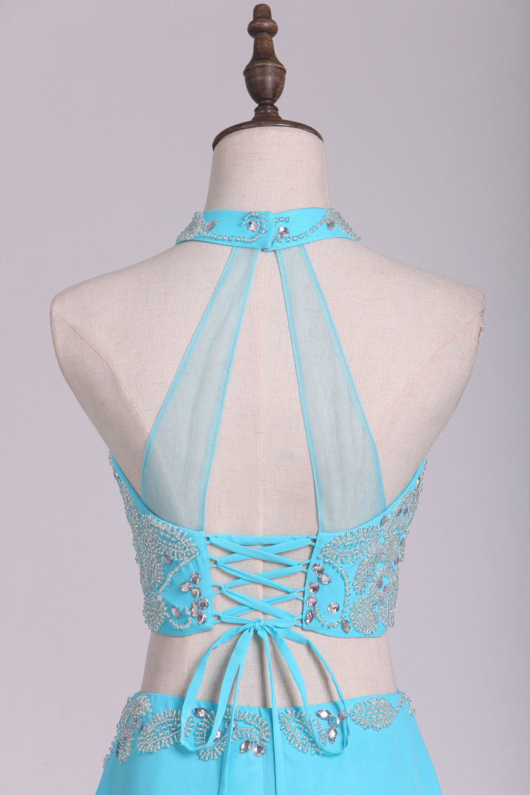 2022 Prom Dresses High Neck Chiffon Spandex With Beading Sheath