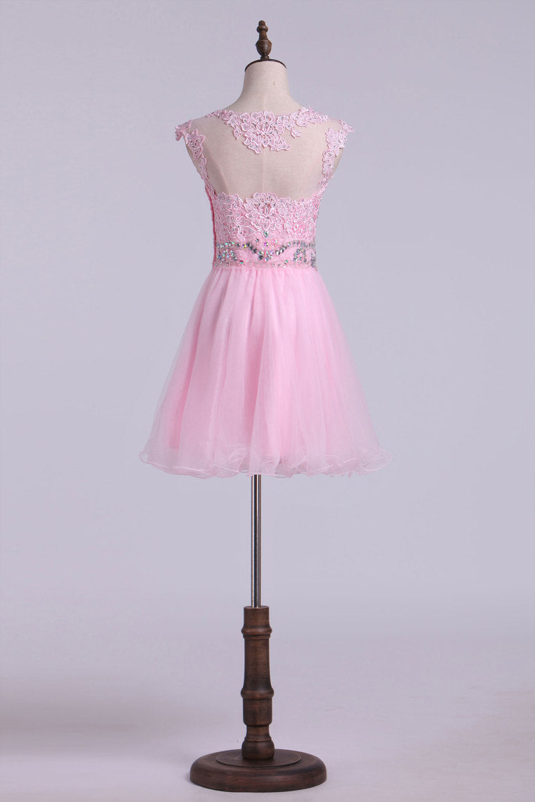 2022 Bateau A Line Tulle Beaded Waistline Homecoming Dresses With Applique