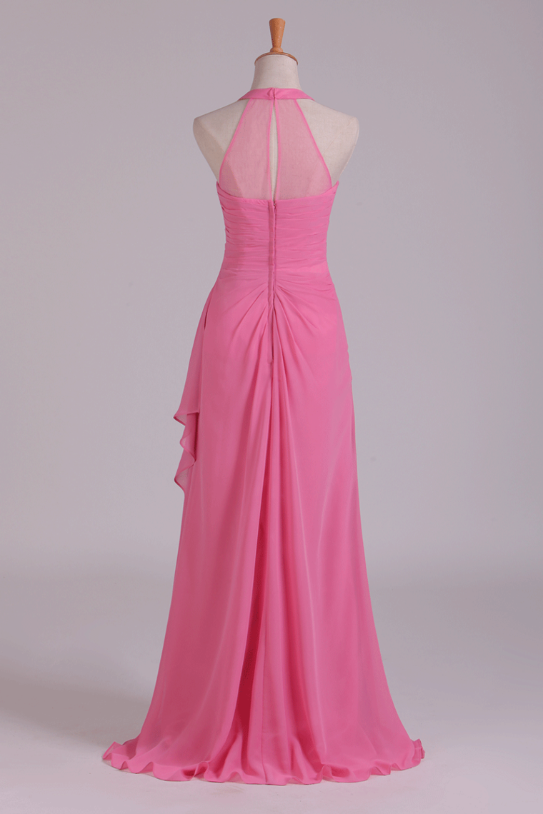 2022 Scoop Sheath Bridesmaid Dress Chiffon With Ruffles Floor Length
