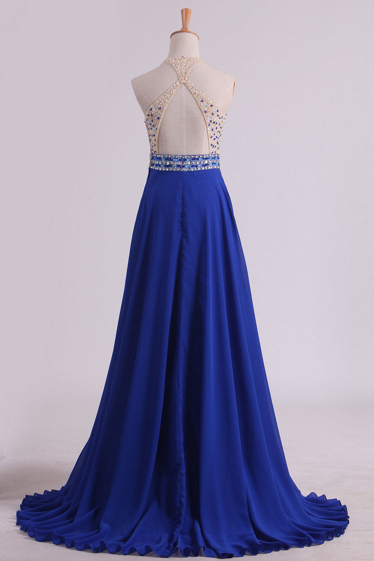 2022 Halter Beaded Bodice Prom Dresses A Line Chiffon & Tulle Sweep Train Backless
