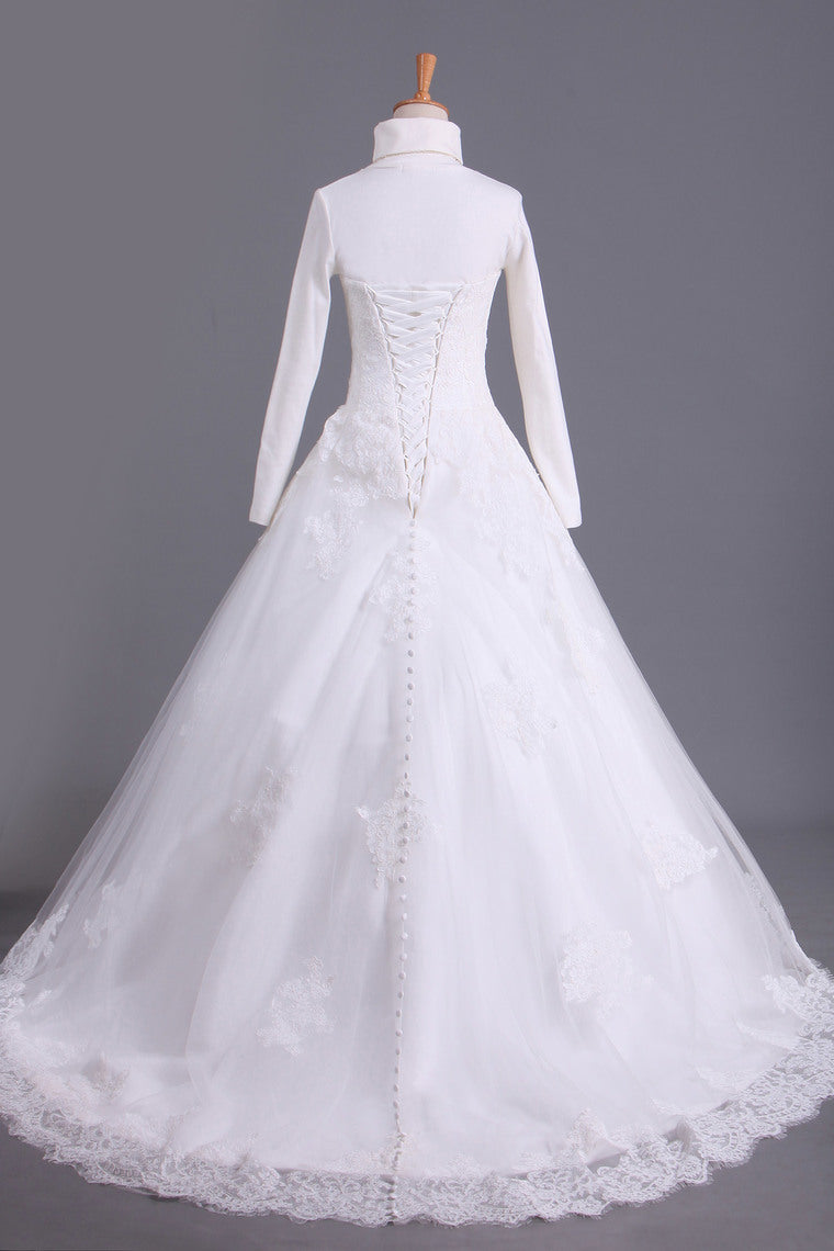 2022 Muslim Wedding Dresses A Line High Neck Tulle With Applique Court Train