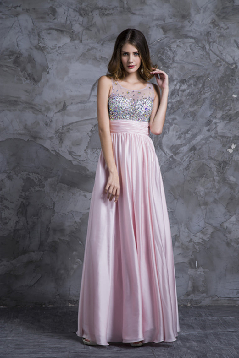 2022 Sexy Prom Dresses Scoop Neckline Princess Floor Length Chiffon Beaded Bodice