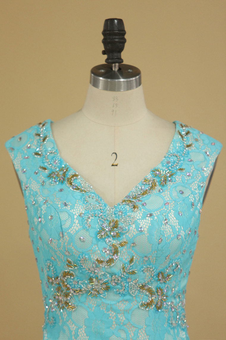 2022 Sexy Open Back V Neck With Beads And Slit Prom Dresses Mermaid Lace Sweep Train