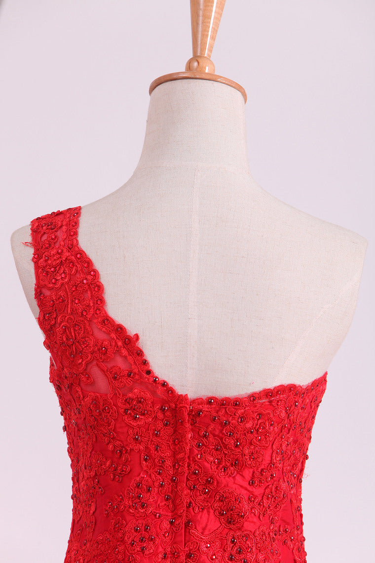 2022 Red One Shoulder Mermaid Prom Dresses Taffeta With Applique & Beads