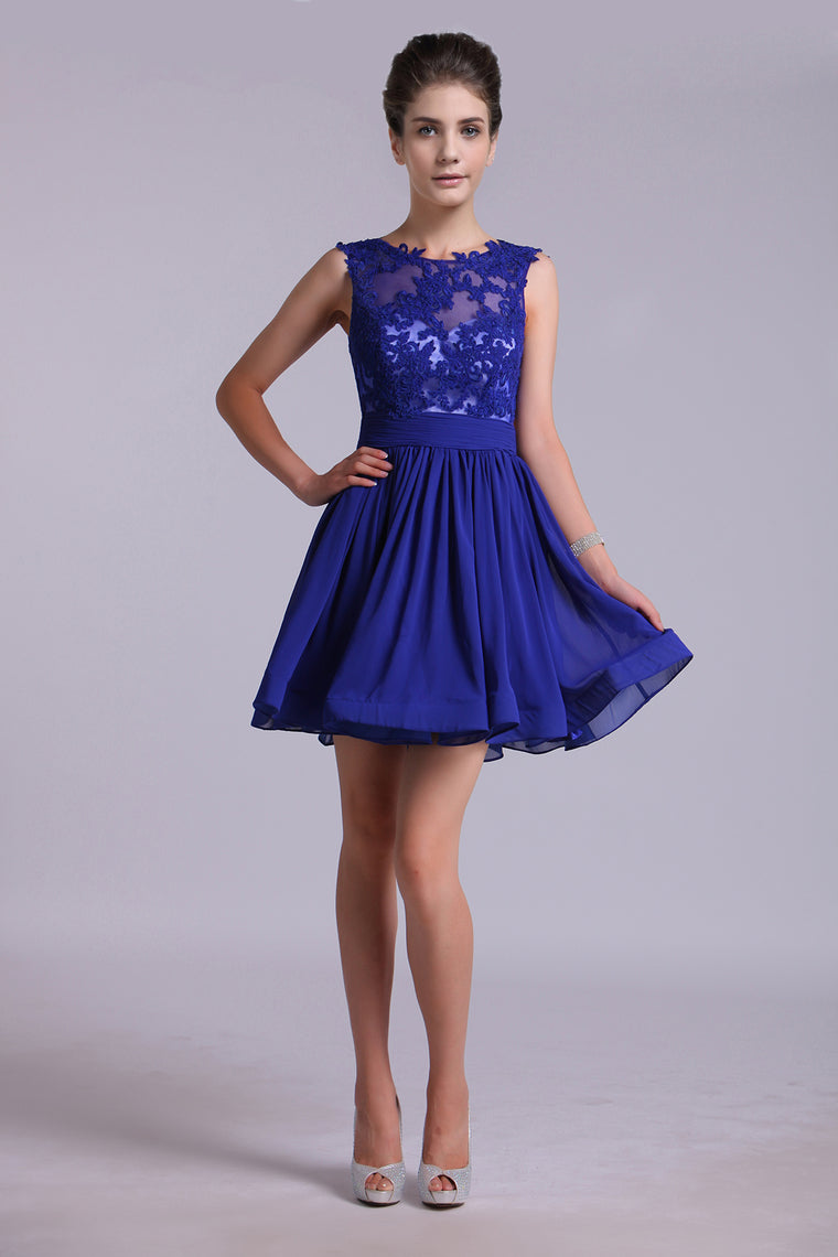 2022 Hot Selling Homecoming Dresses Scoop A-Line Short/Mini Chiffon Dark Royal Blue