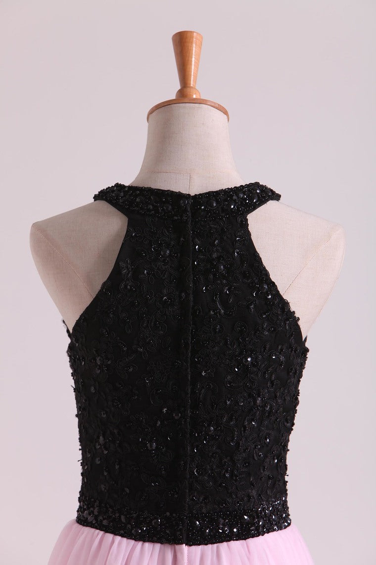 2022 Bicolor Prom Dresses A-Line Scoop Floor-Length Tulle Black Bodice Zipper Back