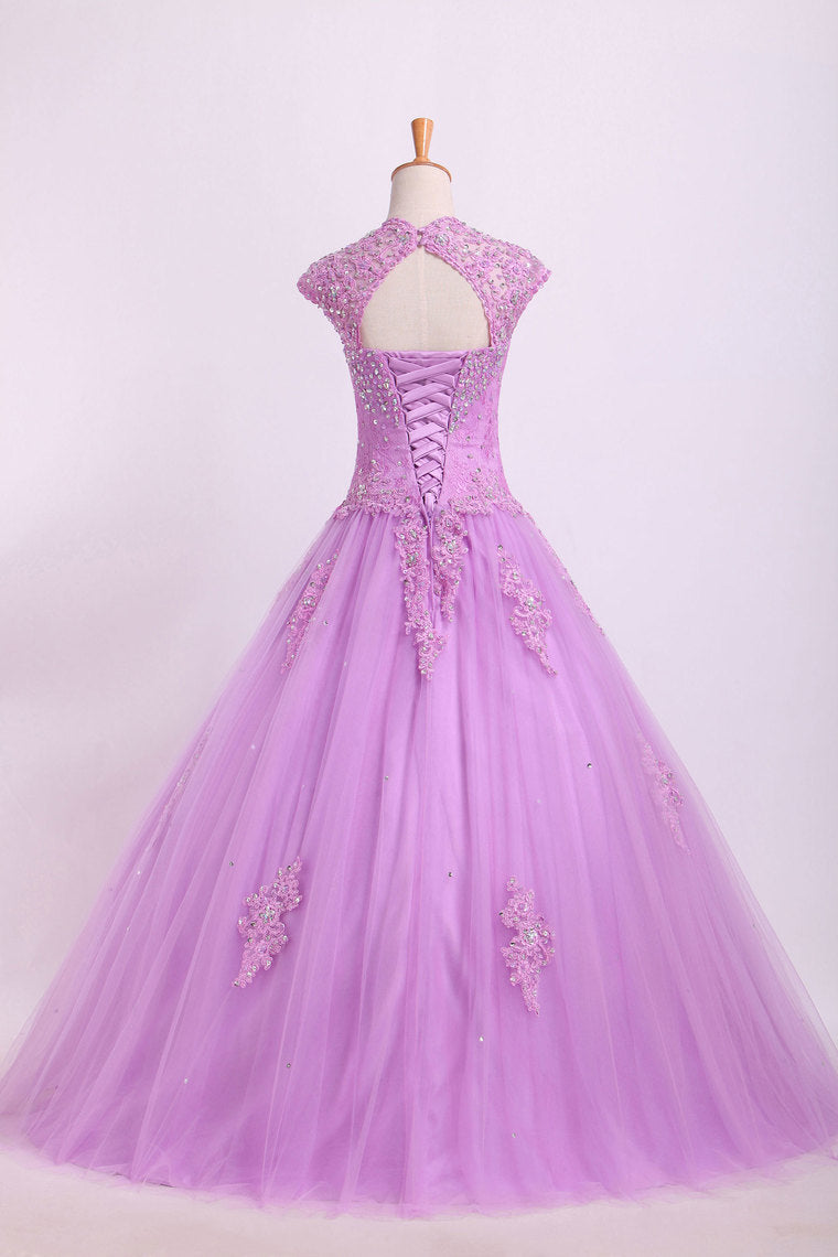 2022 New Arrival Quinceanera Dresses Ball Gown Floor Length Tulle With Beadings&Applique