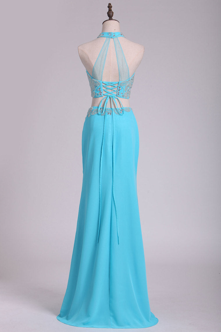 2022 Prom Dresses High Neck Chiffon Spandex With Beading Sheath