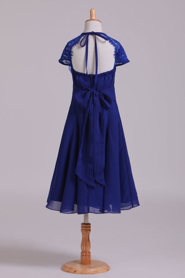 2022 Eyelid Lace Back Flower Girl Dress A Line Chiffon & Lace With Flower Dark Royal Blue