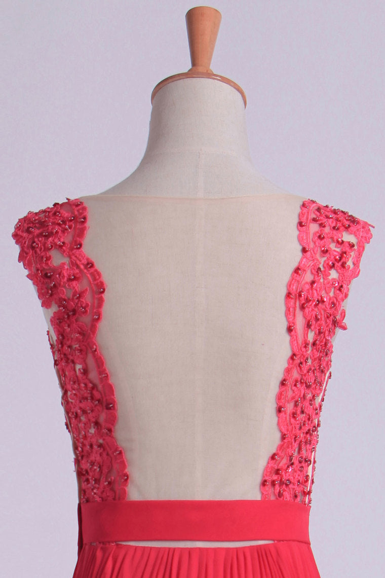 2022  V Neck Prom Dress Appliqued Bodice Ruched Waistband Flowing Chiffon Skirt