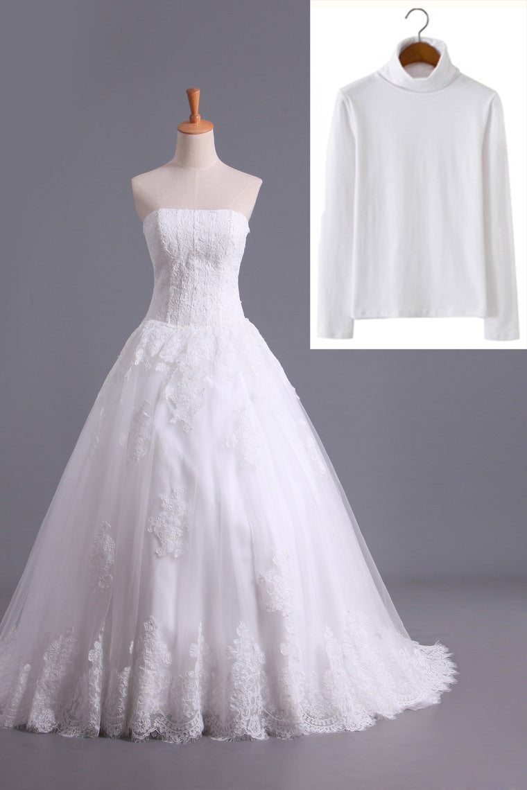 2022 Muslim Wedding Dresses A Line High Neck Tulle With Applique Court Train