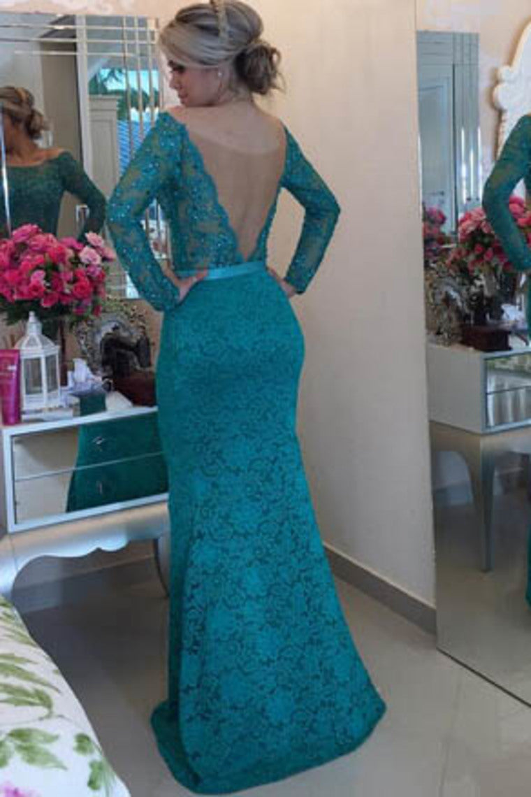 2022 Long Sleeves Boat Neck Prom Dresses Mermaid Lace With Sash And Beads