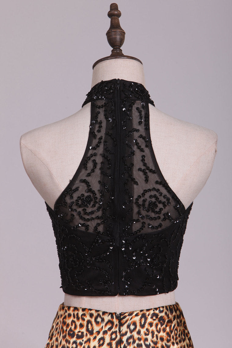 2022 Two Pieces Mermaid Prom Dresses High Neck With Beading Sweep Train