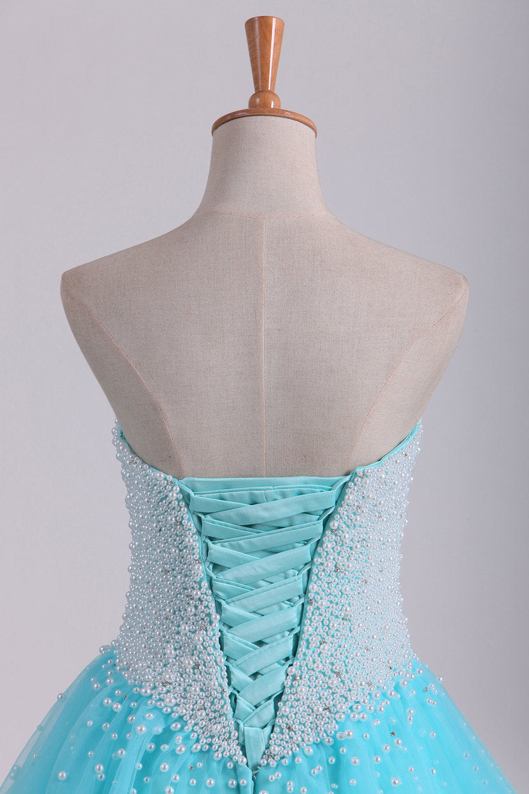 2022 Ball Gown Sweetheart Quinceanera Dresses With Pearls & Rhinestones Tulle