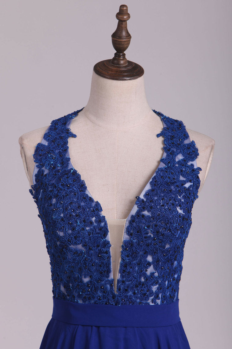 2022 Chiffon V Neck A Line With Applique And Beads Prom Dresses Open Back