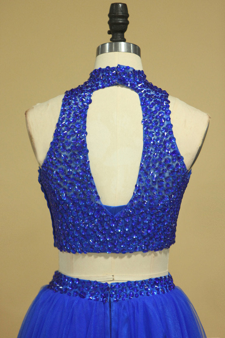2022 Two-Piece Tulle With Beading Prom Dresses  High Neck A Line