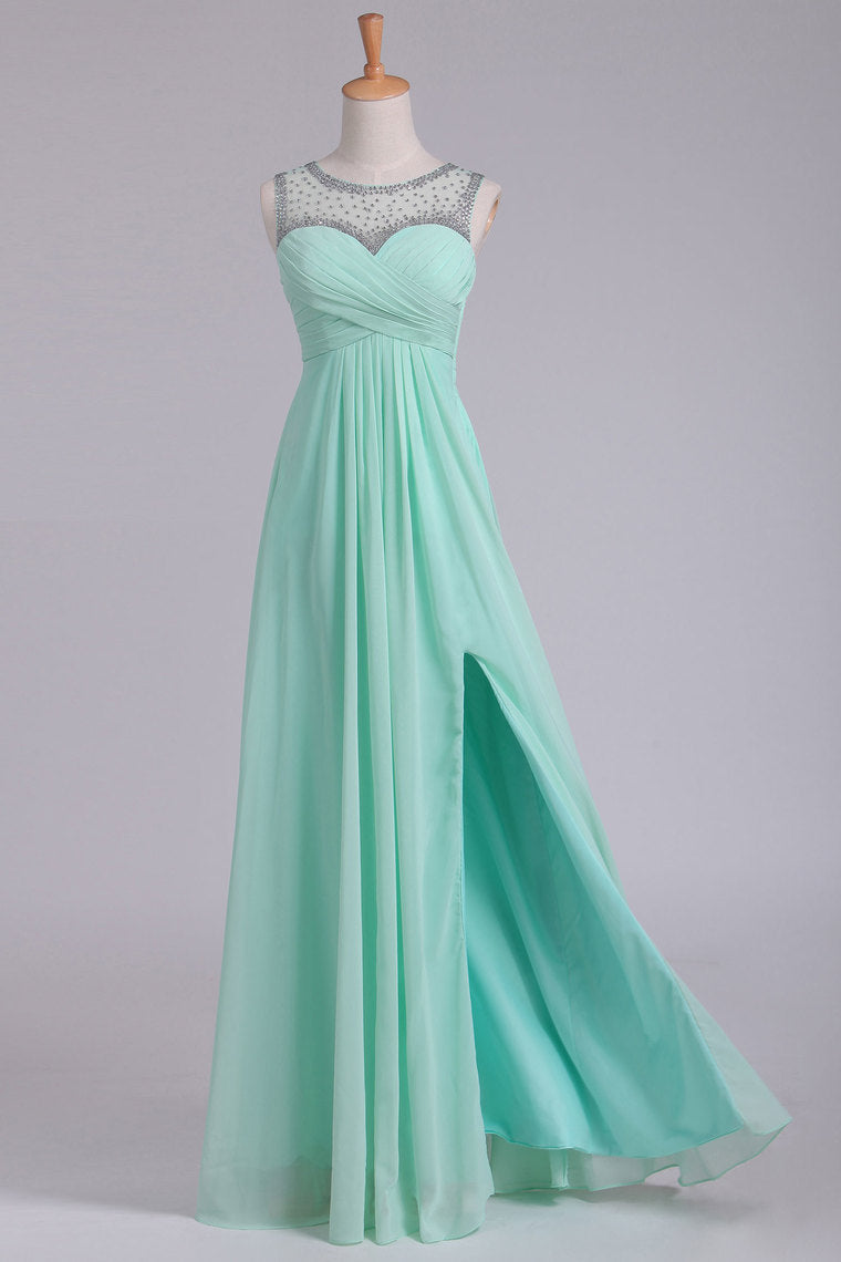 2022 Mint Scoop A Line Prom Dresses Chiffon With Beads & Ruffles Floor Length