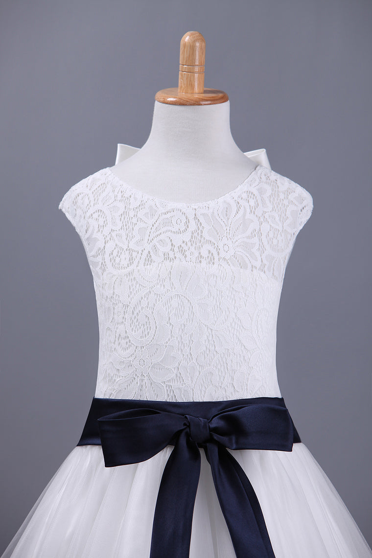 2022 Flower Girl Dresses A Line Scoop Ankle-Length Lace & Tulle