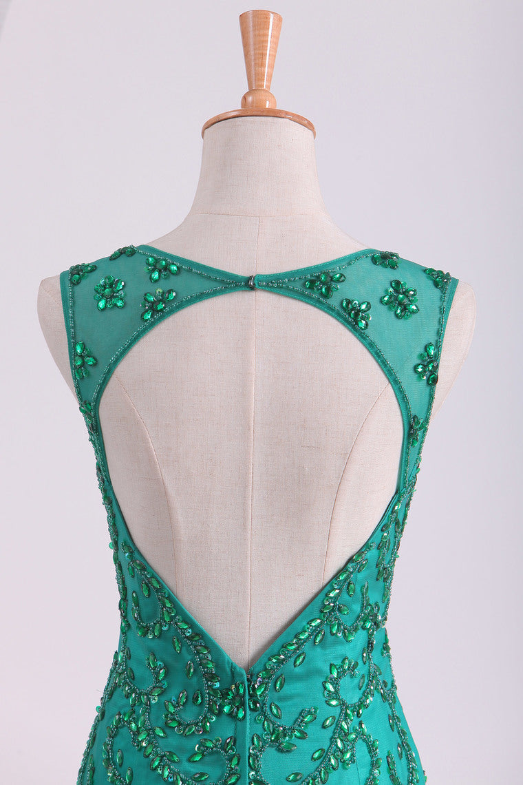 2022 Scoop Beaded Bodice Prom Dresses Mermaid Tulle Floor Length
